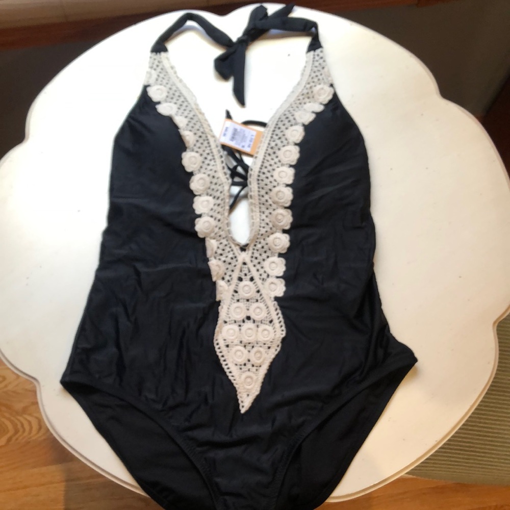 Black with cream embroidered detailing one price swimsuit